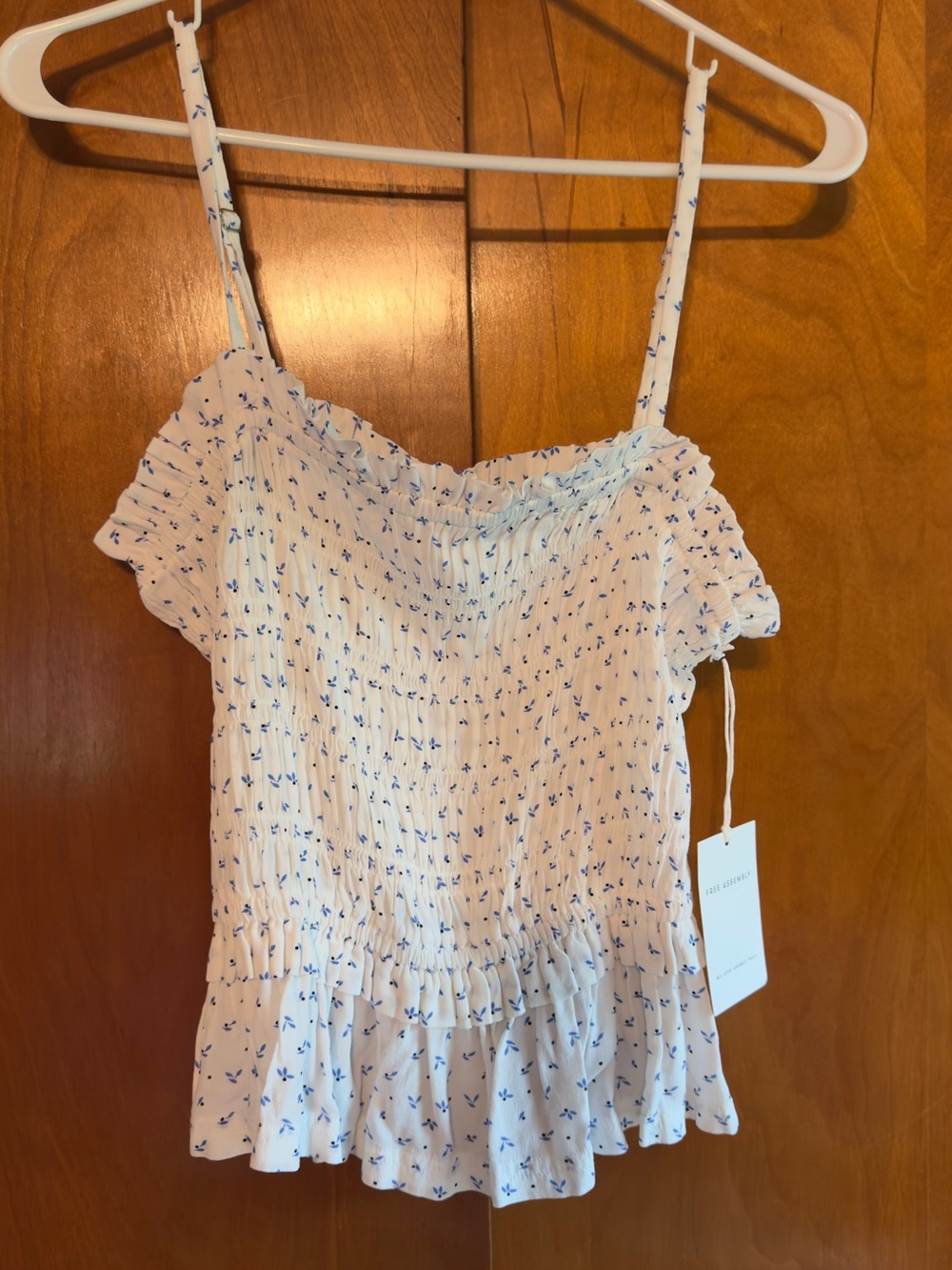 White Smocked Floral Cami with Blue Print